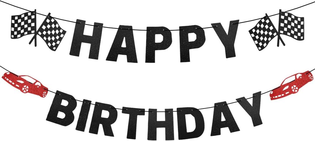 Race Car Birthday Banner - Checkered Flag, Happy Birthday, Black and White - Racing Themed Party Decoration Supplies