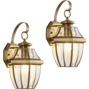 Brass Outdoor Wall Light Fixtures, 12.6" Exterior Wall Sconce with Clear Glass Shade, Waterproof Anti-Rust Porch Lights for Front Door, Garage & Entryway, E26 Base, 2-Pack