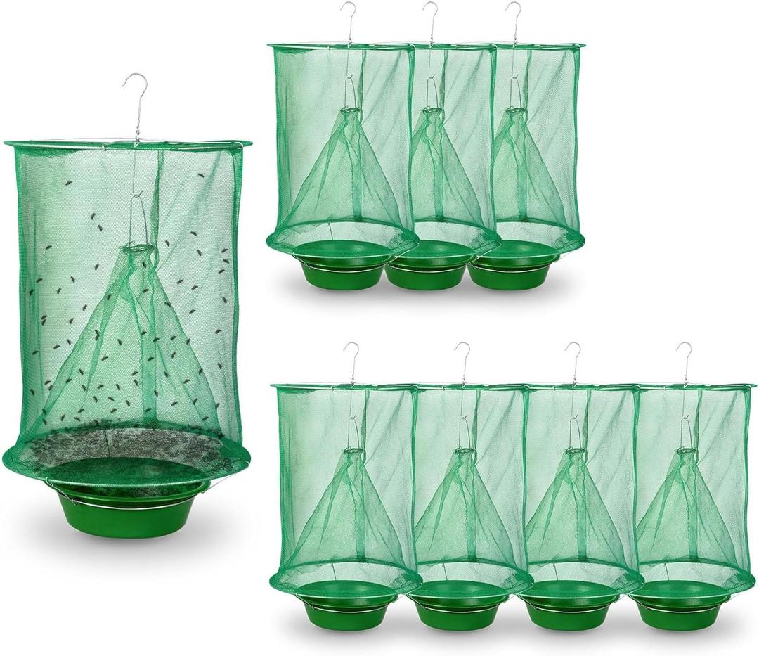 8 Pack Fly Traps Outdoor Hanging, Ranch Fly Traps with Food Bait Tray, Fly Catcher Cage for Indoor or Outdoor Family Farms, Park