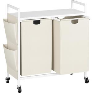 WOWLIVE Double Laundry Hamper with Lid,Rolling Laundry Basket Organizer with Wheels, Iron-Made Laundry Sorter with Top Shelf and 2 Removable Bags,Large Clothes Storage for Room,White (110L (30.0 x 13 x 32 Inches))