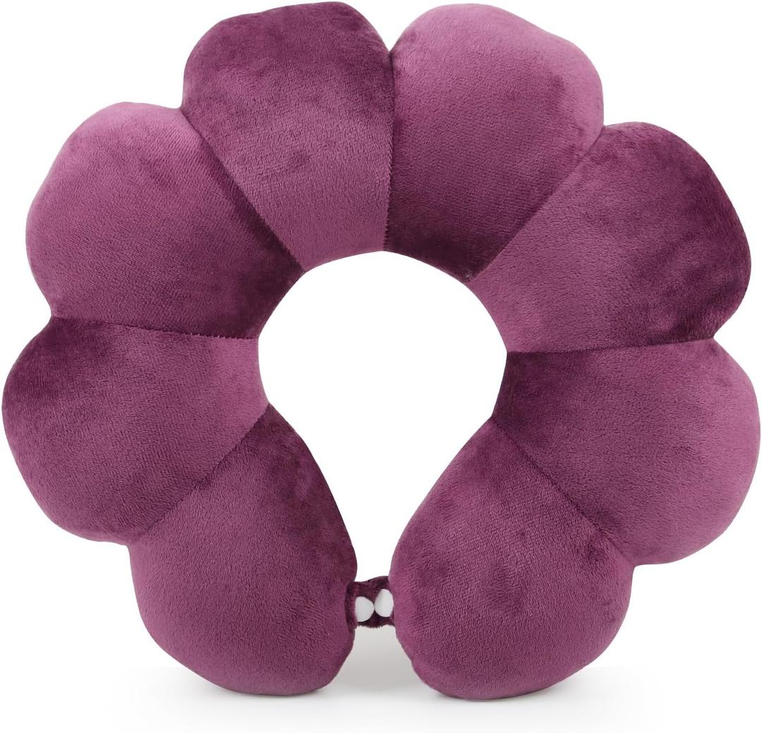 Sexysamba Flower Travel Neck Pillows for Airplanes Breathable Cotton U-Shaped Neck Pillow for Kids & Adults Head Neck Chin Support Rest Pillow for Traveling, Car, Train, Bus, Recline, Home, Office, Purple