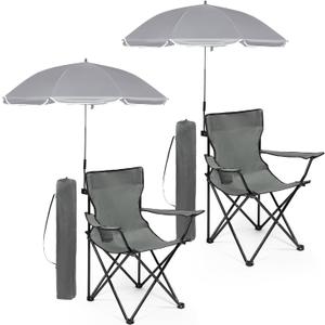 Anglechic 2 Pack Beach Umbrella Chairs Folding Camping Portable Beach Chairs with Canopy Shade Adults with Cup Holder and Carrying Bag for Camping Hiking Travel Picnic Outdoor Events (Grey)