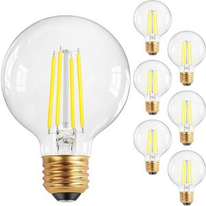 QiMH G25 Globe LED Light Bulb, 8W Vintage Edison Bulbs for Bathroom Makeup Mirror Decorative, Clear Glass 5000K Warm Light Bulbs, 80W Equivalent, 1000LM, Medium E26 Base, Non-dimmable, 6 Pack