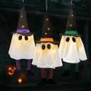 3 Pack Halloween Hanging Ghost Lights with Glitter Hats, Battery Powered Halloween Decorations Outdoor Indoor, LED Floating Ghost Decor for Porch, Tree, Yard & Window, Indoor Outdoor Decoration
