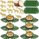 Safari Animals Table Centerpieces - 6 Set of Jungle Animals Decorations Includes 12 Safari Zoo Animal Figures 6 Wood Slices 18 Tropical Palm Leaves for Baby Shower Birthday (Gold Animals)