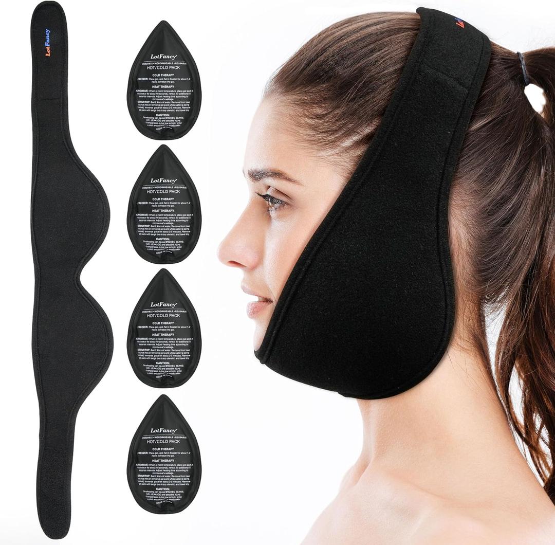 LotFancy Wisdom Teeth Ice Pack Head Wrap, Face Ice Pack for TMJ Jaw Toothache Pain Relief, with 4 Reusable Hot Cold Therapy Gel Packs, for Chin, Oral and Facial Surgery, for Kids, Teens, Petite Adults (Black(smaller Size))