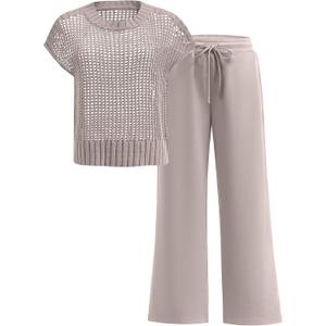 ANRABESS Women Two Piece Outfits Crochet Sheer Knit Sweater Top Wide Leg Pants Lounge Matching Sets Sweatsuit Travel Clothes (Medium, Light Khaki)