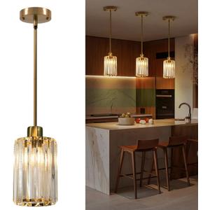 3-Pack Gold Crystal Pendant Lights for Kitchen Island, Adjustable Modern Hanging Light Fixtures for Flat or Sloped Ceiling, E26 Mini Pendant Lights with Crystal Glass Shade for Dining Room Bar