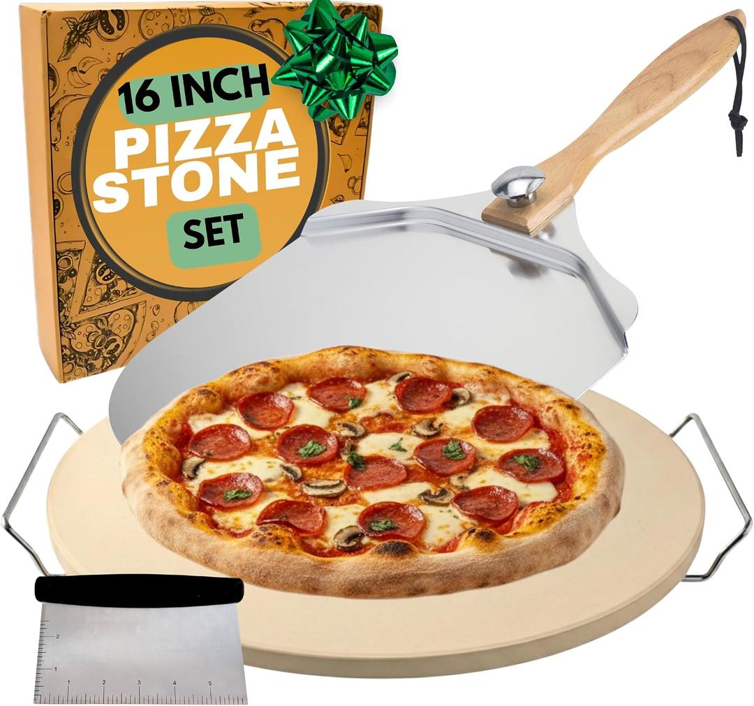 Round Pizza Stone for Oven 16 inch - Large Pizza Stone for Grill with Handles, Metal Pizza Peel & Steel Dough Cutter Tool - Baking Stone for Bread - Oven Stones - Pizza Making Set