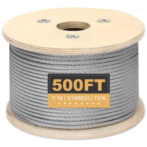 Thickened 3/16" Stainless Steel Cable, 500ft Wire Rope, 7X19 Strands Aircraft Cable, 3700lbs Breaking Strength, Zip Line for Heavy Duty Applications, Deck Railing, String Lights & Yard Zipline
