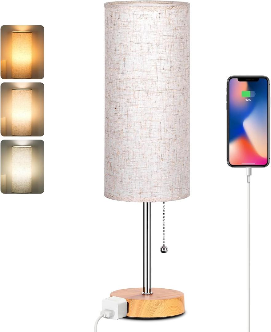 Dott Arts 18" Table Lamp for Bedroom, 3-Color Bedside Lamps with Pull Chain, Bedroom Table Lamps for Nightstand, AC Outlet Small Lamp for Living Room, Bulb Included Wood, Flax-Woodgrain