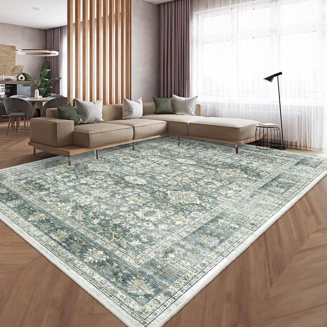 HOMFINE Machine Washable Rug 4'x6' - Green Area Rugs with Non Slip Rugs for Living Room, Bedroom, Dining Room, Office, Vintage Design Stain Resistant Carpet, Vintage Design Area Rug, Green