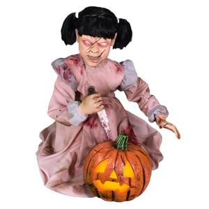 Haunted Hill Farm Lunging Pumpkin Carver Zombie Girl by Tekky, Motion-Activated Talking Halloween Animatronic for Indoor or Covered Outdoor Creepy Halloween Decorations, Plug-in or Battery Operated