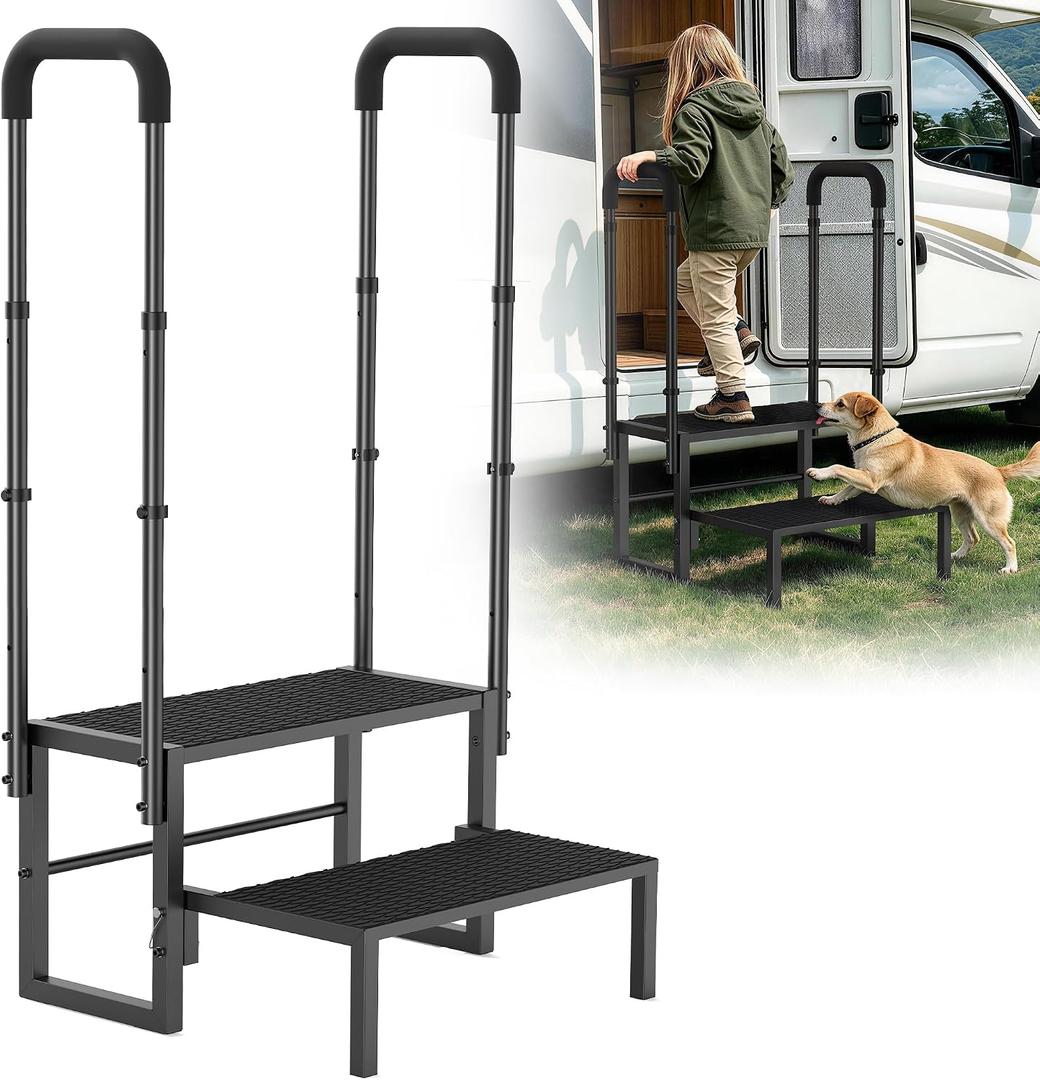 2-Step RV Steps with Handrails, Heavy Duty Anti-Slip Folding Stair