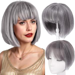 CROWN GUIDE Short Bob Hair Toppers for Women Thinning Hair 10 Inch - 360 3D Cover Wispy Bangs Hair Pieces for Women, Synthetic Hairline Wigyy Wig Topper with Bangs - Ash Grey Blend