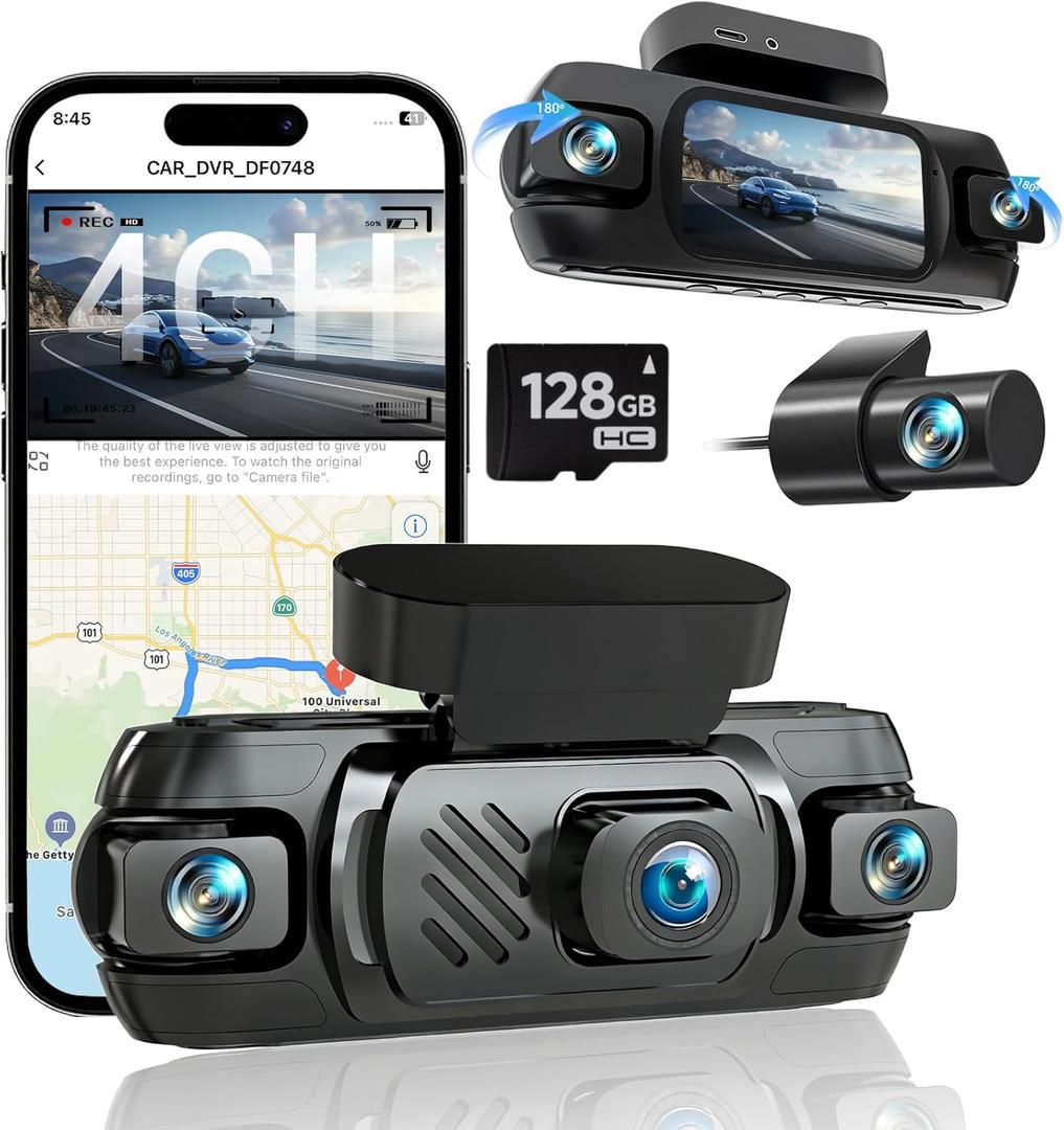 4K 3 Channel Dash Cam Front and Rear with Cabin, 4K+1080P+1080P Dash Camera for Cars, Free 128GB Card Included, Dash Cam with Night Vision, WiFi, GPS, APP Control, Parking Monitor, Loop Recording