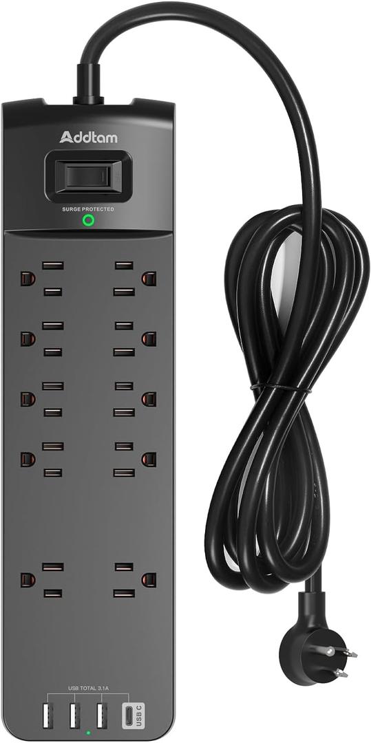 Power Strip - Addtam Surge Protector with 10 Outlets and 4 USB Ports, 6 Feet Extension Cord with Flat Plug, 2700 Joules, ETL Listed, Black