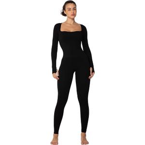 Sunzel Long Sleeve Bodysuits One Piece Jumpsuit for Women with Square Neck and Butt Scrunch Leggings Seamless Ribbed Rompers S 28"
