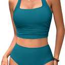 BMJL Womens High Waisted Bikini Sets Halter Two Piece Swimsuits Sporty Ribbed Tummy Control Bathing Suit (M)
