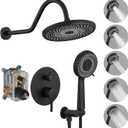 BWE Matte Black Shower System Wall Mounted Shower Faucet Mixer Set 8.9 Inches High Pressure Rain Shower Head Faucet and 5-Setting Handheld Spray with Shower Valve and Trim Kit
