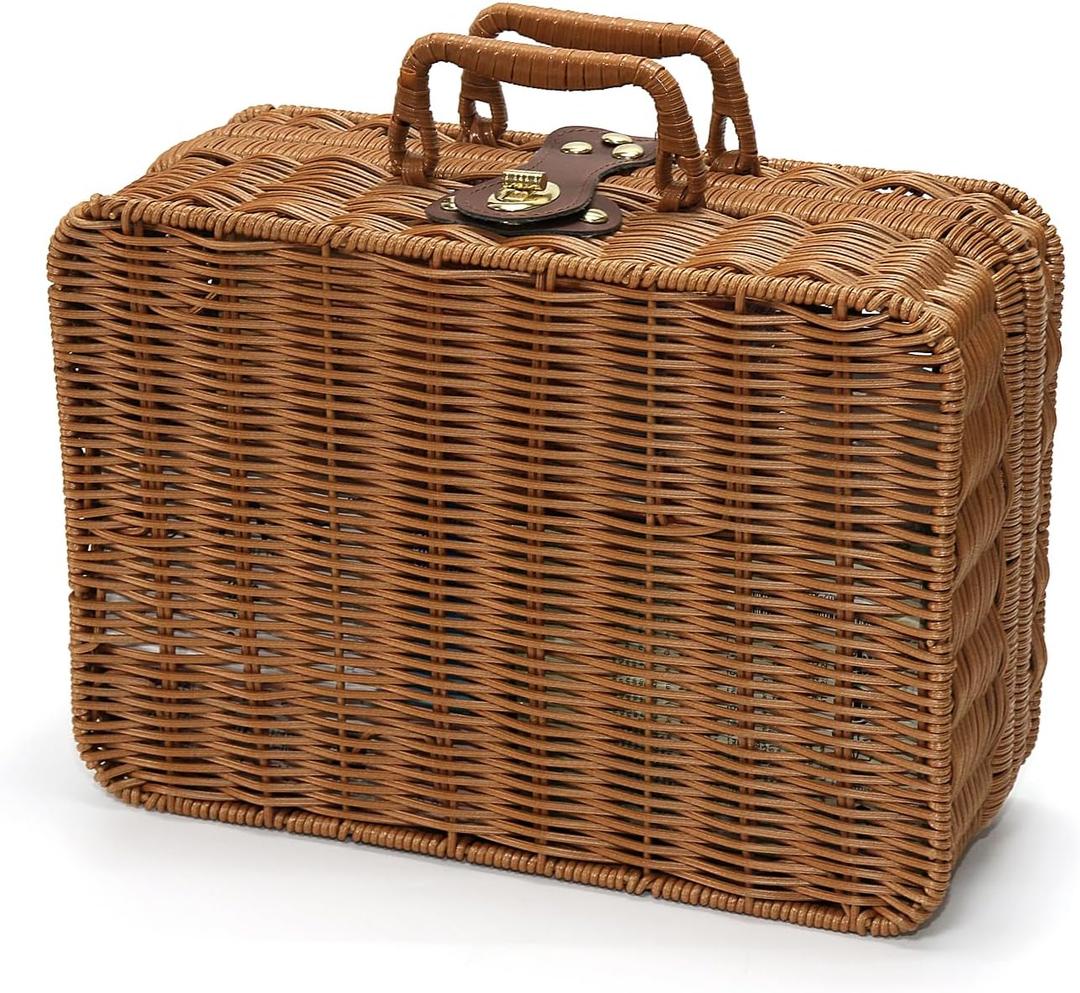 Mini Wicker Picnic Basket, Decorative Prop Suitcase Vintage Storage Hamper Makeup Organizer, 11.5" Metal Lock Plastic Rattan Storage Box with Handles for Sundries Travel Camping and Outdoor Party (L) (Brown)