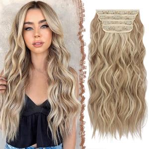 FESHFEN Clip in Hair Extensions - 4 PCS Long Wavy Thick Highlighted Clip in Hairpieces Synthetic Hair Extension for Women, Dirty Blonde 20 Inch