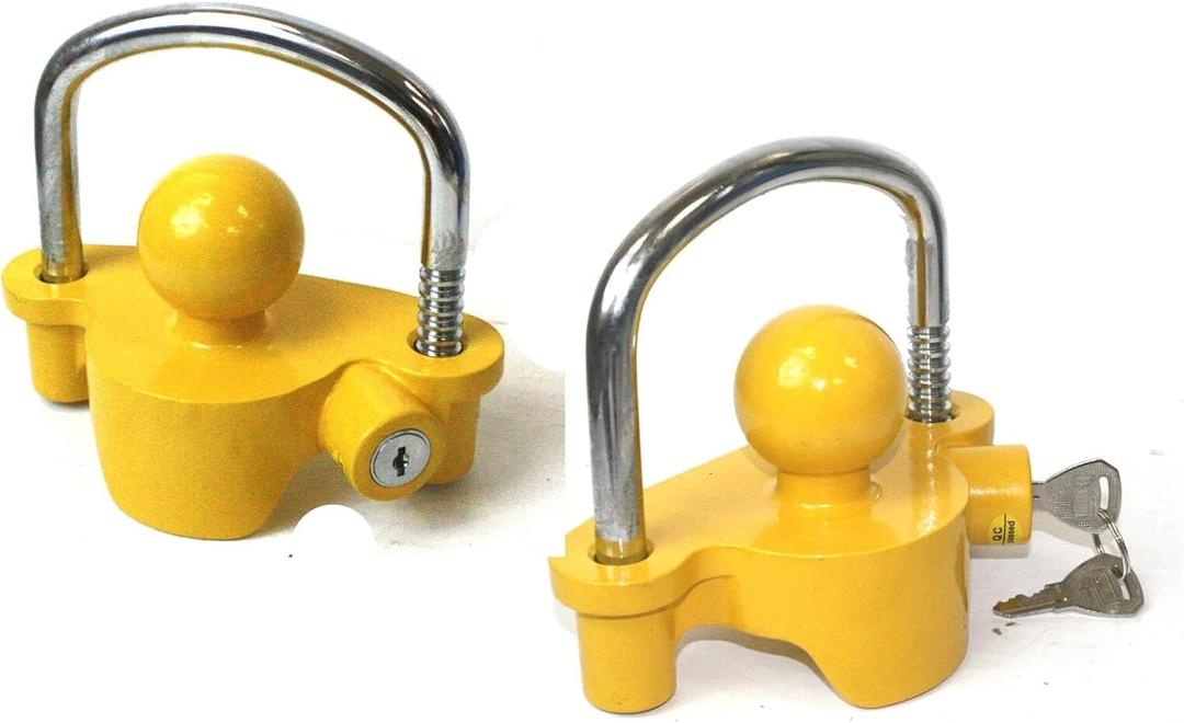 Universal Trailer Hitch Coupler Lock Fits 1-7/8 Inch, 2 Inch, 2-5/16 Inch Couplers, Yellow Steel Anti-Theft Security Locks for Tow Tongue with Keys, 2 Pack