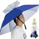 NEW-Vi Umbrella Hat Folding Adjustable Sun Rain Cap, 37.4” UPF 50+ UV Protection Large Hands Free Umbrellas, 7-Ribs Waterproof Headwear for Fishing Gardening Golf Sunshade Outdoor - Blue