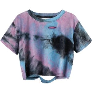 Avanova Tie Dye Shirt Women Ripped Short Sleeve Crop Tops Distressed Cropped T Shirts for Concert Halloween Goth Rock (L)