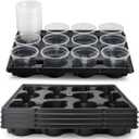 12 Cell Nursery Pot Trays 5 Pack with 4 Inch Clear Plant Pots 60 Pack, Thick Sturdy Seeds Starting Germination Shuttle Carrying Trays, Black Small Planter Nursery Propagation 5 Sets (4 Inch 60 Pack Pots With 5 Pack Trays, Black + Clear)