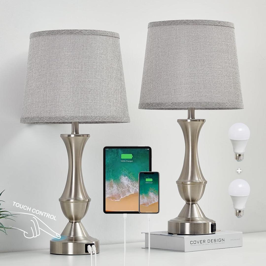 Touch Table Lamps Set of 2, 22" Tall Bedside Lamps, Nightstand Lamps with USB C+A Charging Ports, 3 Way Dimmable Lamp for Bedrooms, Living Room, Office, Silver Lamp with Grey Lampshade, Bulbs Included (Silver,Grey)
