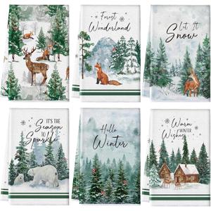 Hosuly 6 Pcs Winter Kitchen Towels Forest Hand Towels Wild Animal Snowflake Warm Dish Clothes Farmhouse Winter Decorative Tea Dishclothes Housewarming Gifts for Kitchen Holiday (Woodland)