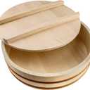Kichgather Wooden Sushi Rice Bowl with Lid Hangiri Sushi Oke Sushi Rice Mixing Tub (10.6  with lid)