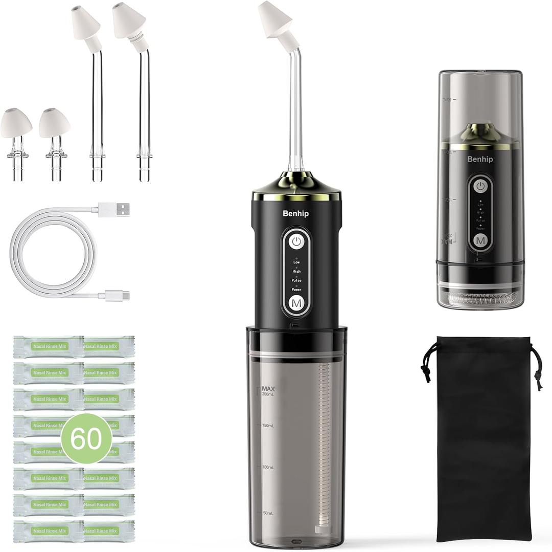 Electric Nasal Irrigation System, Cordless Neti Pot for Sinus Rinse & Nasal Care, 3 Adjustable Modes, 4 Nozzles Tips for Kids & Adults, IPX7 Waterproof, Foldable Design with 60 Salt Packs (Black)