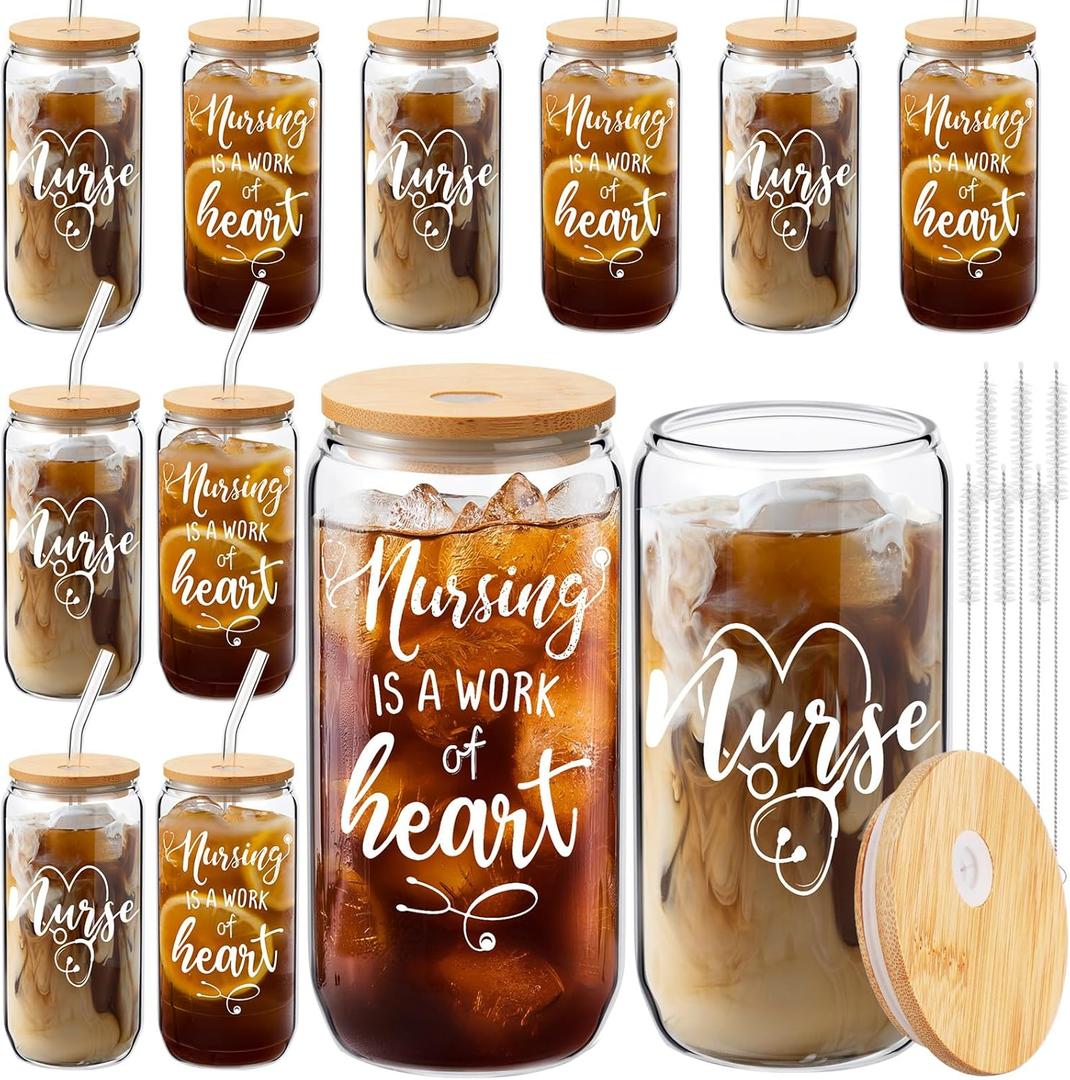 12 Pcs Nurse Appreciation Gifts Mason Jar Glass Cup 16 oz Coffee Drinking Jars with Lids and Straws Cleaning Brush Nursing Drinking Gift for Women Birthday Nurse Practitioner