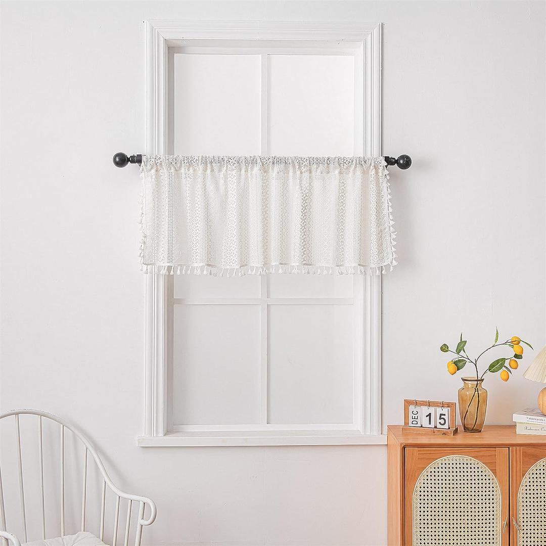 Deeprove Kitchen Curtain 24 Inch Length Set, Short Boho Sheer Lace Crochet Valance Tier Knitting Handmade Macrame Tassels for Dinning Room, Vintage Shabby Chic Home Decor W59 x L24, 1 Panel, White