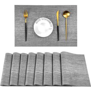 Leetaltree Grey Placemats, Heat Resistant Non-Slip Place mats for Dining Table, Washable Durable PVC Vinyl Woven Table Mats (Set of 8) (Gray)