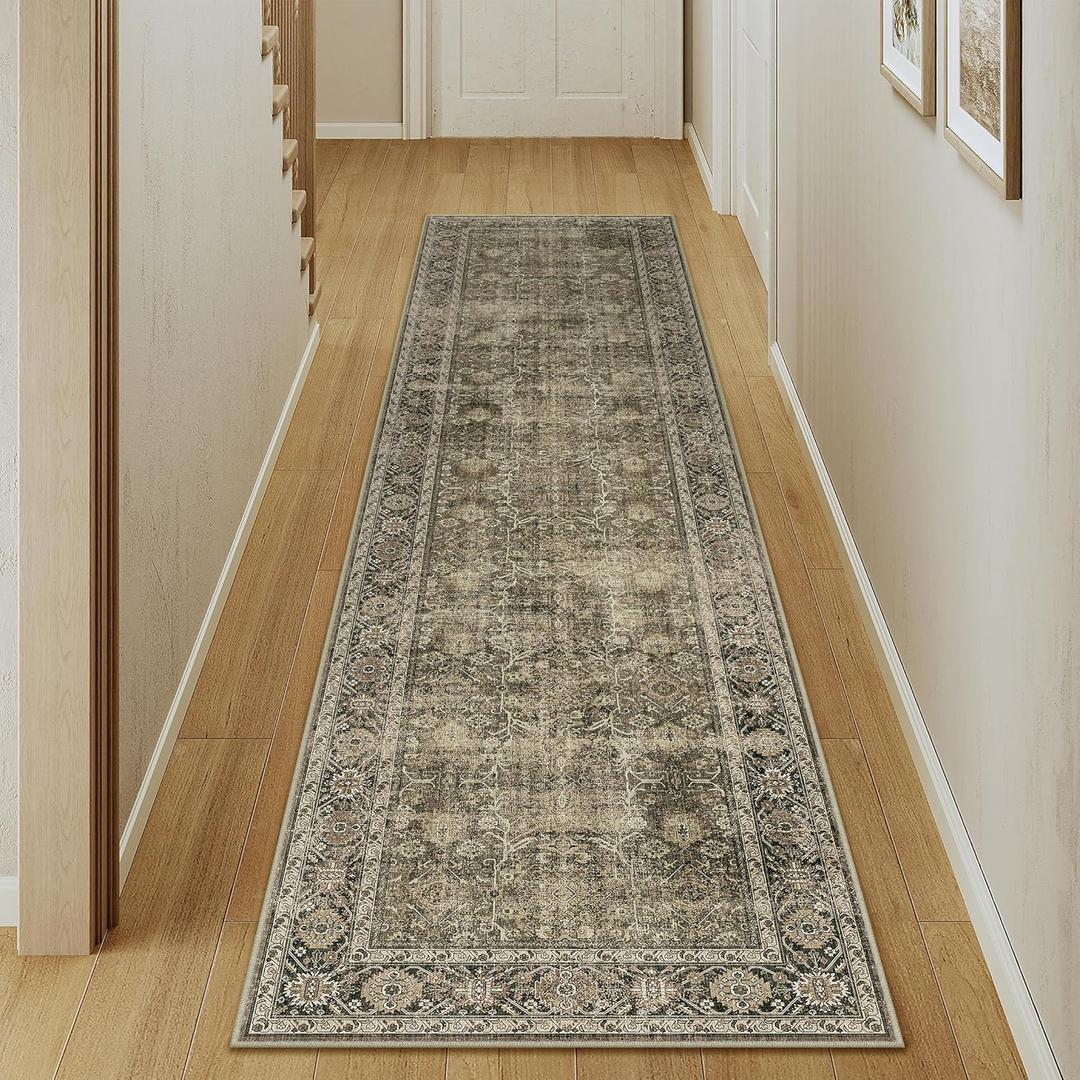 Light Brown 3x10 Vintage Area Rug Hallway Indoor Kitchen Washable Living Room Carpet Tribal Distressed Rug Retro Accent Throw Rug for Office Dining Room Bathroom Faux Wool