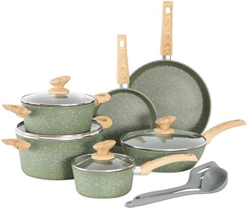 MAISON ARTS Pots and Pans Set Non Stick, 12 Piece Green Granite Kitchen Cookware Induction Compatible, Pot and Pan Sets for Cooking Nonstick