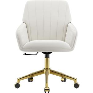 YISHENG Velvet Home Office Chair with Gold Base Upholstered Tufted Modern Height Adjustable 360 Degree Swivel Desk Chair with Wheels, Vanity Chairs for Living Room, Bedroom,Study Room (Cream)