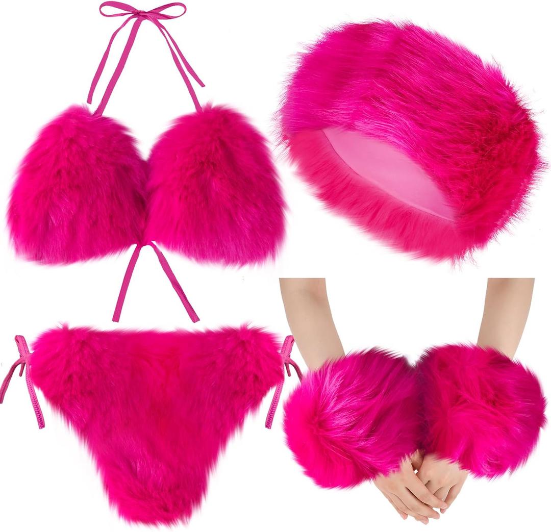 Ramede 4 Pcs Women's Faux Fur Bikini Bra Top Fur Headband Wrist Cuffs Bikini Panties Set Furry Suits for Women Swimsuits, One Size