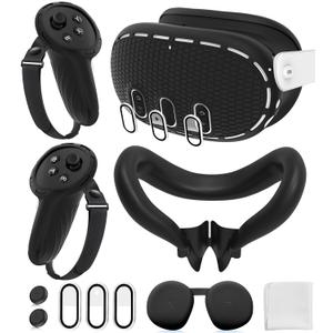 Silicone Cover Set Compatible with Meta/Oculus Quest 3 Accessories, Controller Grips, VR Shell Cover, Facial Interface Cover, Protective Lens Cover, Tempered Glass Lens Caps, Not Fit Quest 3S (Black)