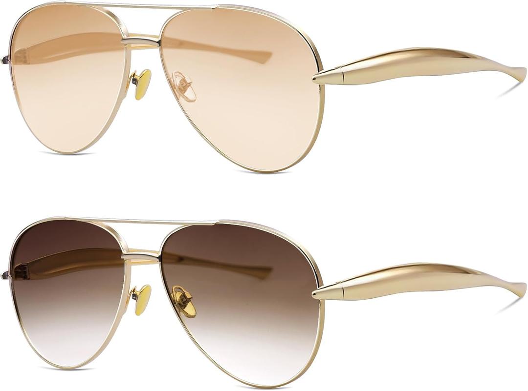Retro Gold Aviator Sunglasses for Women Men Trendy Oversized Fashion Metal Frame Oval Designer Inspired Dupe Shades