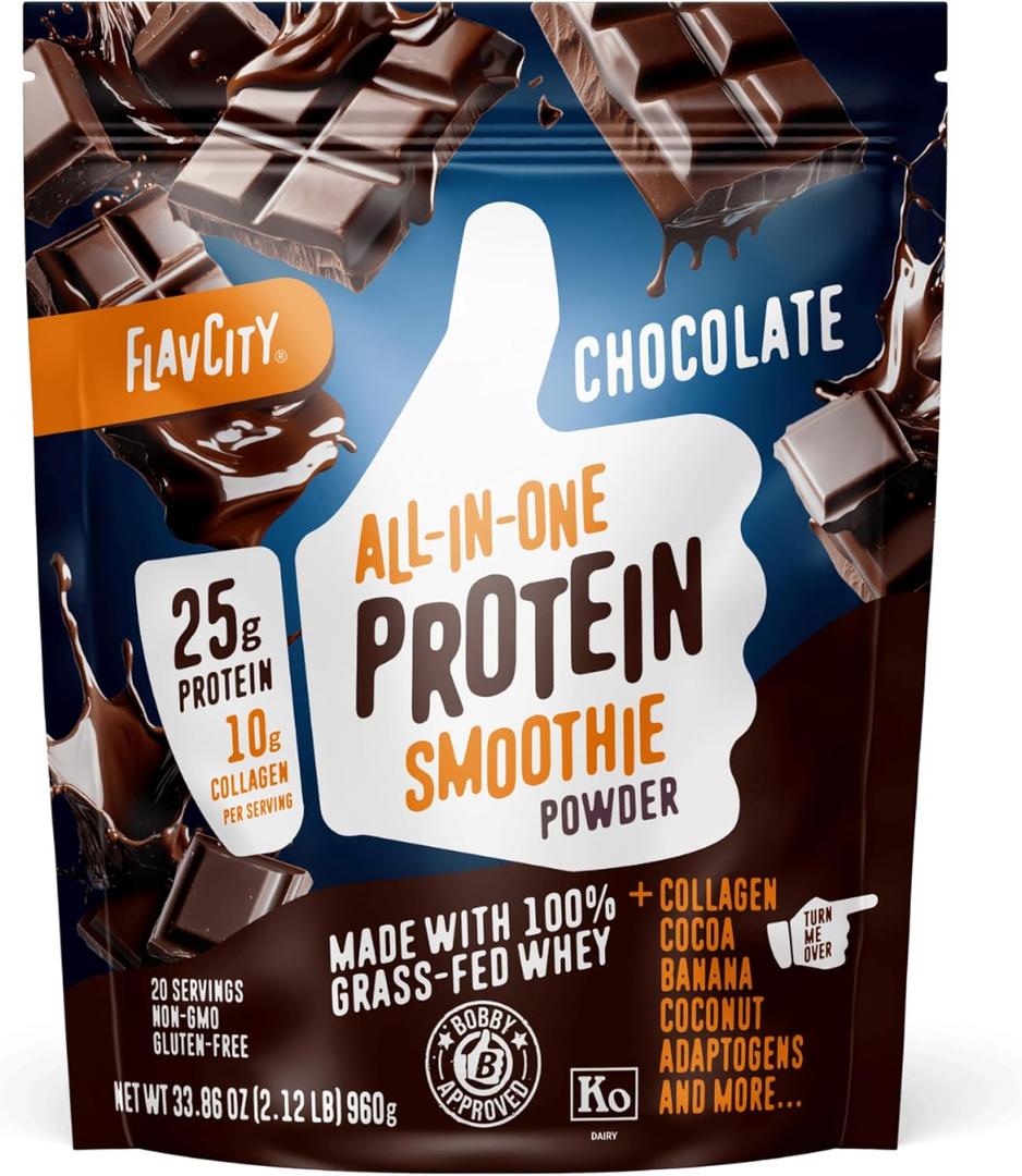 FlavCity Chocolate All in One Protein Shake Powder - On the Go Meal Alternative + Collagen Peptides, Reishi & Cordyceps - Focus, Skin, Hair & Joint Support - 100% Grass Fed Whey, 20 Servings, Best By: 08/18/2027