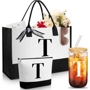 Aliceset Initial Gifts for Women Monogram Canvas Tote Bag and Makeup with Zipper and Initial Glass Coffee Cup Gifts for Her