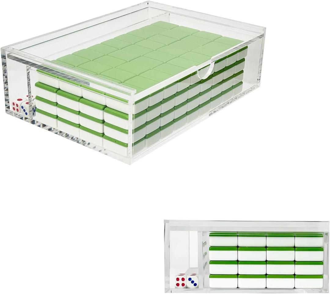 Acrylic Mahjong Case Storage for American Mahjong Set - Fits 160 Tiles (1.2" x 0.9" x 0.5" ONLY) - Clear Display Box with Dice Tray & Lid - Dustproof Organizer for Gaming Accessories