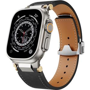 Leather Band Compatible for Apple Watch Ultra 3 2 Band 49mm 46mm 45mm 44mm 42mm , Men Luxury Genuine Leather Replacement Strap with Secure Metal Connector & Folding Clasp for iWatch Series 11 10 9 8 7 6 5 4 SE 3 2 1 Vintage Full-Grain Leather Watch Band (Black-Titanium Buckle)