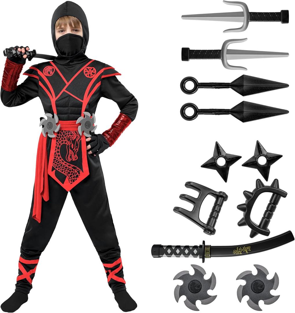 Spooktacular Creations Halloween Ninja Costume Kids, Ninja Dragon Jumpsuit Set, Boys Halloween Costume for DressUp Party (Large(10-12 yrs), Black+Red)