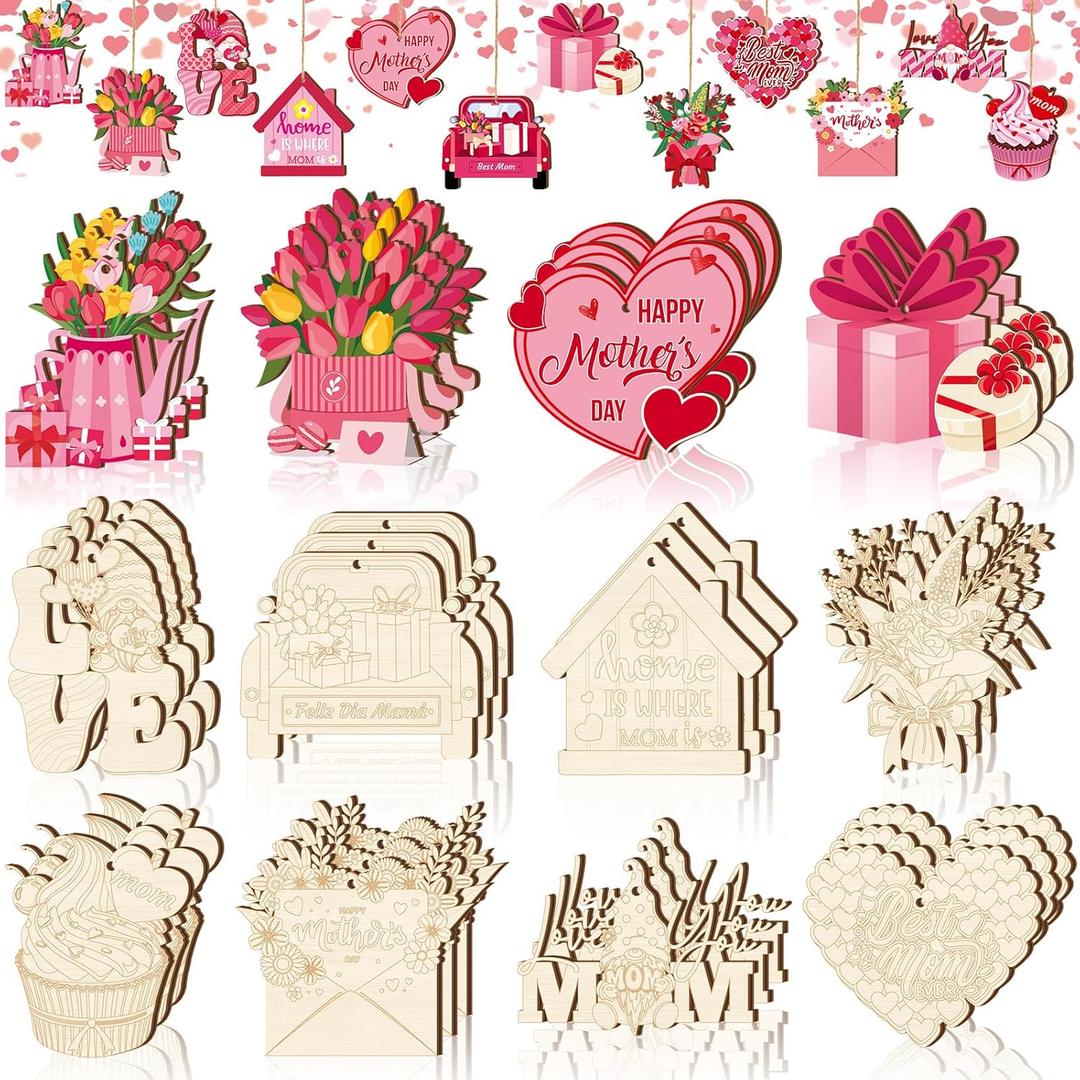 Thyle 120 Pcs Mother's Day Wooden Crafts Unfinished Wood Cutouts for Kids Painting Mother's Day Ornaments DIY Craft Gifts with Tulips Heart Gnome Trucks Love for Happy Birthday Decorations