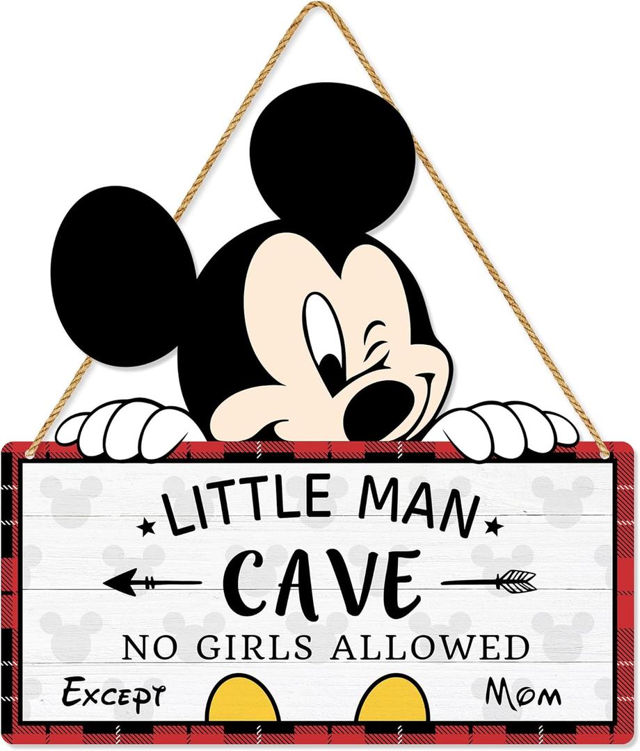 Little Man Cave Wooden Hanging Wall Sign, Mouse Wood Hanging Sign for Boy's Room Decoration, Baby Boy Nursery Door Sign Decor For Toddlers Kids Bedroom Red & Black Buffalo Plaid